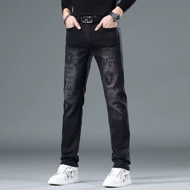 European And American Trendy Brand Black Printed Jeans For Men, 2025 Autumn Korean Style Slim Fit, Stretchy Casual Trousers._mkmklike.com