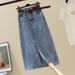 "High Waist Denim Skirt With Side Slit - Retro Light Blue Stretch Jean Pencil Skirt For Women, Mid-Length Slim Fit Summer Skirt"_mkmklike.com