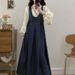 Chicco Autumn Winter Outfit For Plus Size Women French Retro Style Shirt Denim Suspender Skirt Layered Two-Piece Set_mkmklike.com