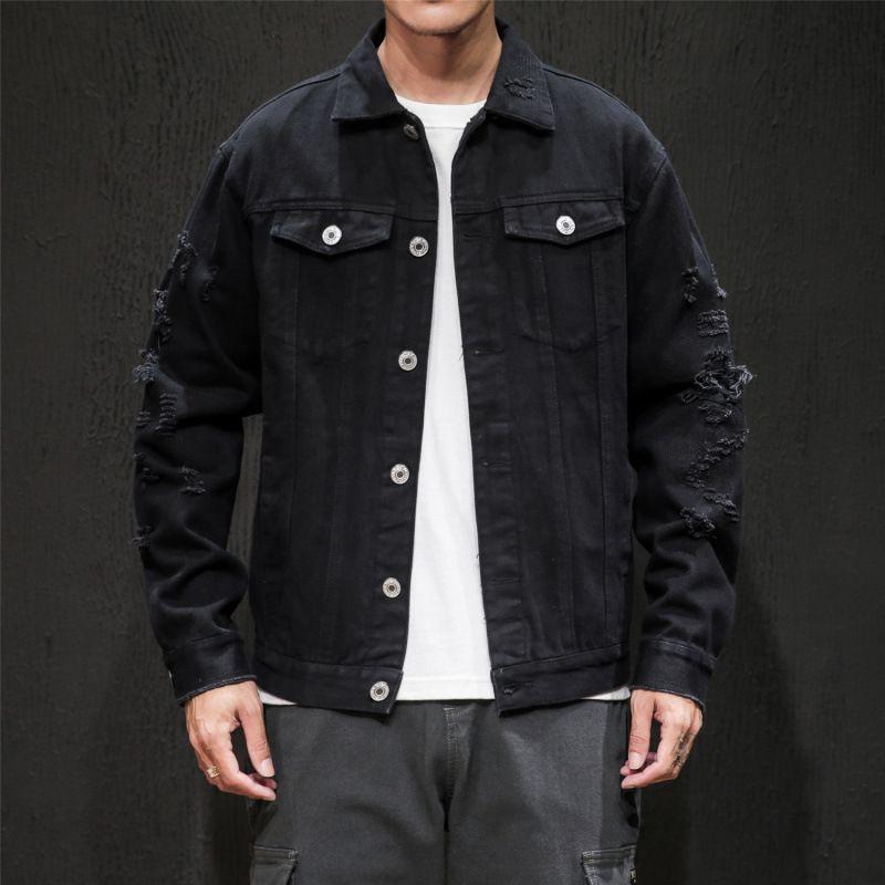 Men's Distressed Embroidered Denim Jacket – Oversized Japanese Streetwear Style (White/Pink/Red/Black, M-5XL)_mkmklike.com