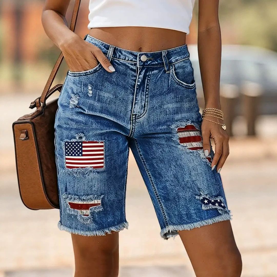 Women's Mid-Rise Ripped Flag Print Shorts Summer Street Style Relaxed Everyday Wear Comfortable Feshion_mkmklike.com