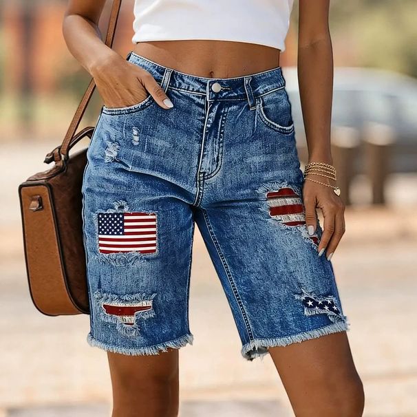 Women's Mid-Rise Ripped Flag Print Shorts Summer Street Style Relaxed Everyday Wear Comfortable Feshion_mkmklike.com