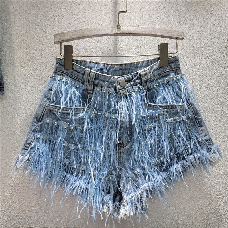 Women's Clothing Heavy diamond ostrich hair slimming fringe fashion all-in-one denim shorts woman_mkmklike.com