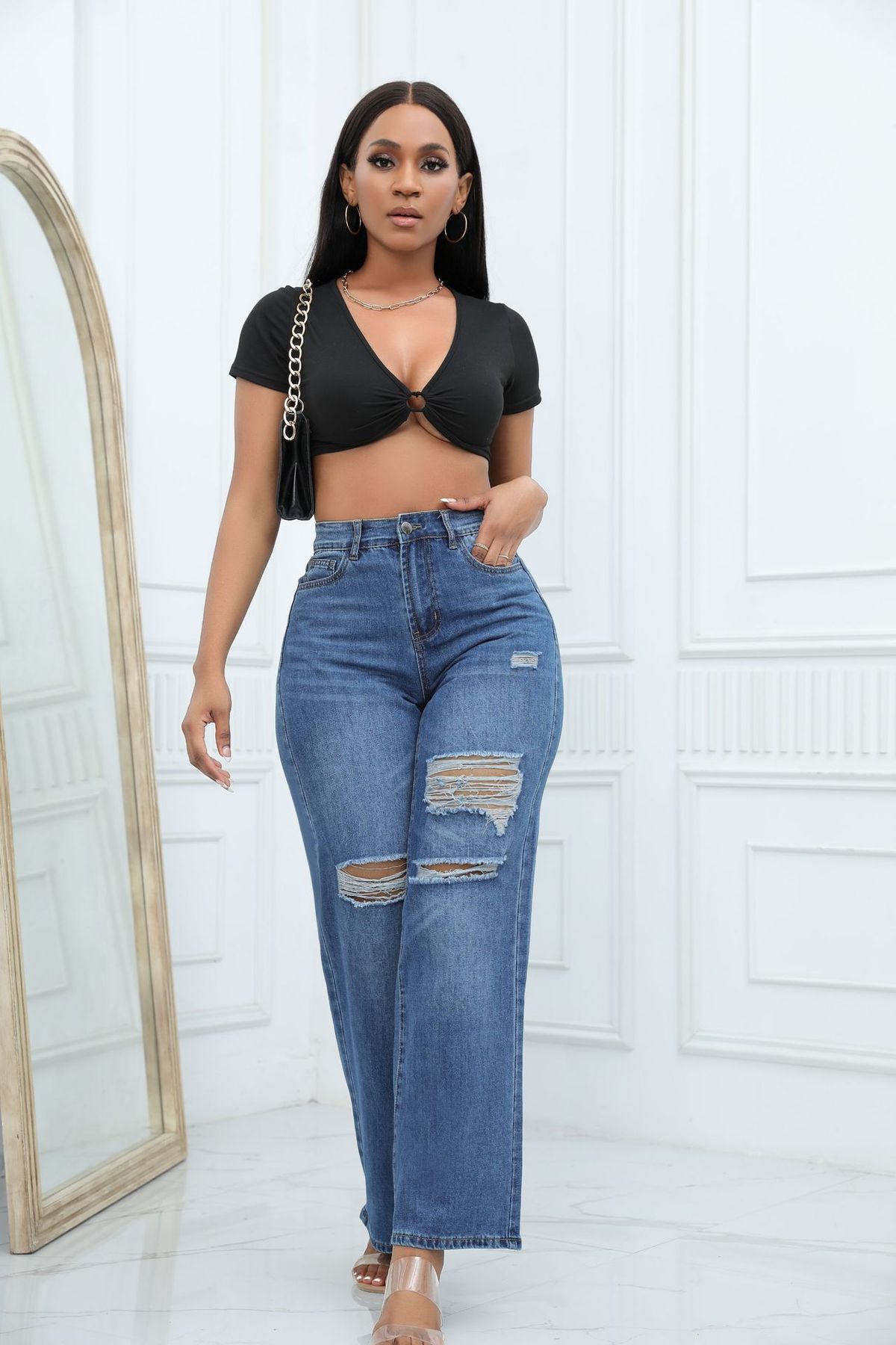 Women's Clothing New Elastic Hole Loose Bell Bottom Pants_mkmklike.com