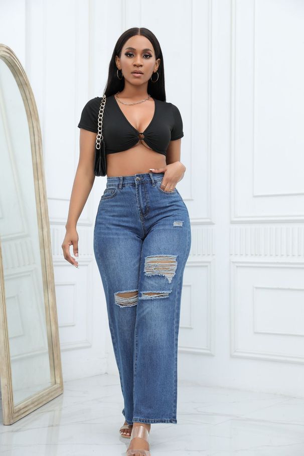 Women's Clothing New Elastic Hole Loose Bell Bottom Pants_mkmklike.com