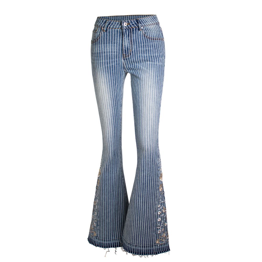 Women's Clothing Three Dimensional 3d Embroidery Women's Jeans Trousers Striped Bell Bottoms_mkmklike.com