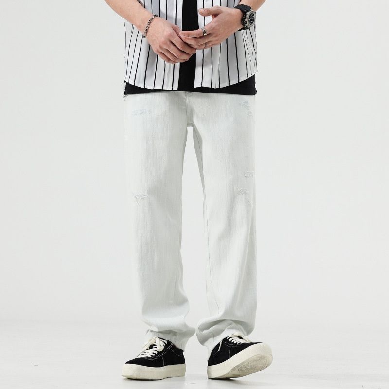 Pure Muqiu Clothing | Lyocell Ripped White Jeans Men's American Style Draped Loose Straight Casual Wide-Leg Pants_mkmklike.com
