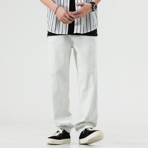 Pure Muqiu Clothing | Lyocell Ripped White Jeans Men's American Style Draped Loose Straight Casual Wide-Leg Pants_mkmklike.com