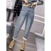 Plus Size Fleece-Lined Thickened Stretch Straight-Leg Jeans For Women Winter Loose Slimming High-Waisted Dad Harem_mkmklike.com
