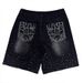 Men's Full Rhinestone Leopard Print Denim Shorts Black Washed Straight Leg Mid-Rise Summer Casual Street Style_mkmklike.com
