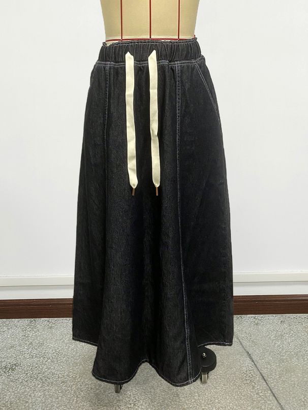 K Design Sense: Elastic Waistband Drawstring Large Swing Skirt, Denim Skirt For Women_mkmklike.com