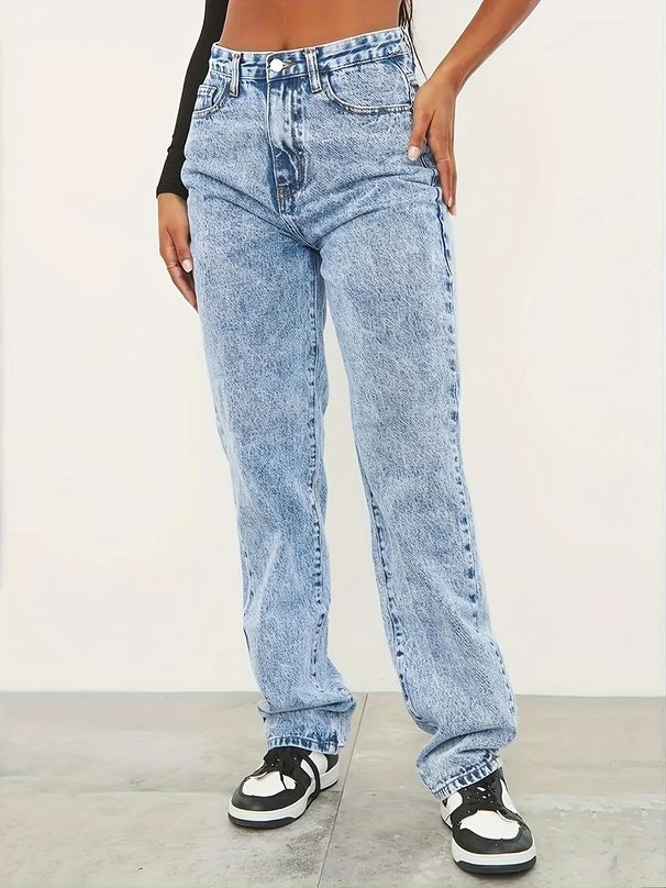 Women's Clothing Light Blue High Waist Loose Comfortable Slim Fit Fashion Straight Casual Denim Trousers_mkmklike.com