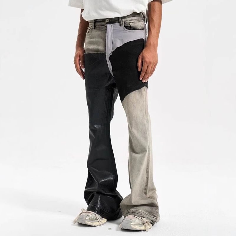 Men's Vintage Distressed Washed Flare Jeans High Waist Button Fly Coated Denim Pants with Long Detachable Sash Streetwear_mkmklike.com