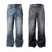 Men's Clothing Retro Dark Blue Lightning Cracked Jeans Loose Wide Leg Pants Straight Flared Design For Men And Women_mkmklike.com