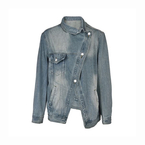 Unisex Distressed Denim Jacket – Oversized Cropped Fit With Asymmetrical Wash & Stand Collar (S-XL, Streetwear Style)_mkmklike.com