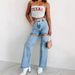 "Distressed High-Waisted Straight Leg Jeans For Women - Vintage Washed Denim With Chain Detail, Stretch Comfort (Light Blue, S-XXL)"_mkmklike.com