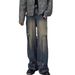 Deep Blue Patchwork Workwear Jeans, Loose Straight Leg Trendy High-End Pan, Men's Design Sense, Niche Micro Flared_mkmklike.com