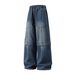 Vintage Washed Split Hem Jeans – Relaxed Straight-Leg Denim Pants With Adjustable Drawstring Waist, American Streetwear Style For Men & Women_mkmklike.com