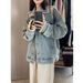 Women's Blue Denim Jacket - Vintage Workwear Style With Princess Touch, Casual Long Sleeve U-Neck Coat For Spring & Autumn_mkmklike.com