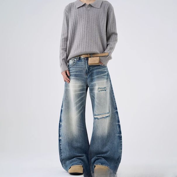 Men's Clothing Men's Loose Curved Knife Jeans High Street Premium Washed Retro Whiskered Distressed Design American_mkmklike.com