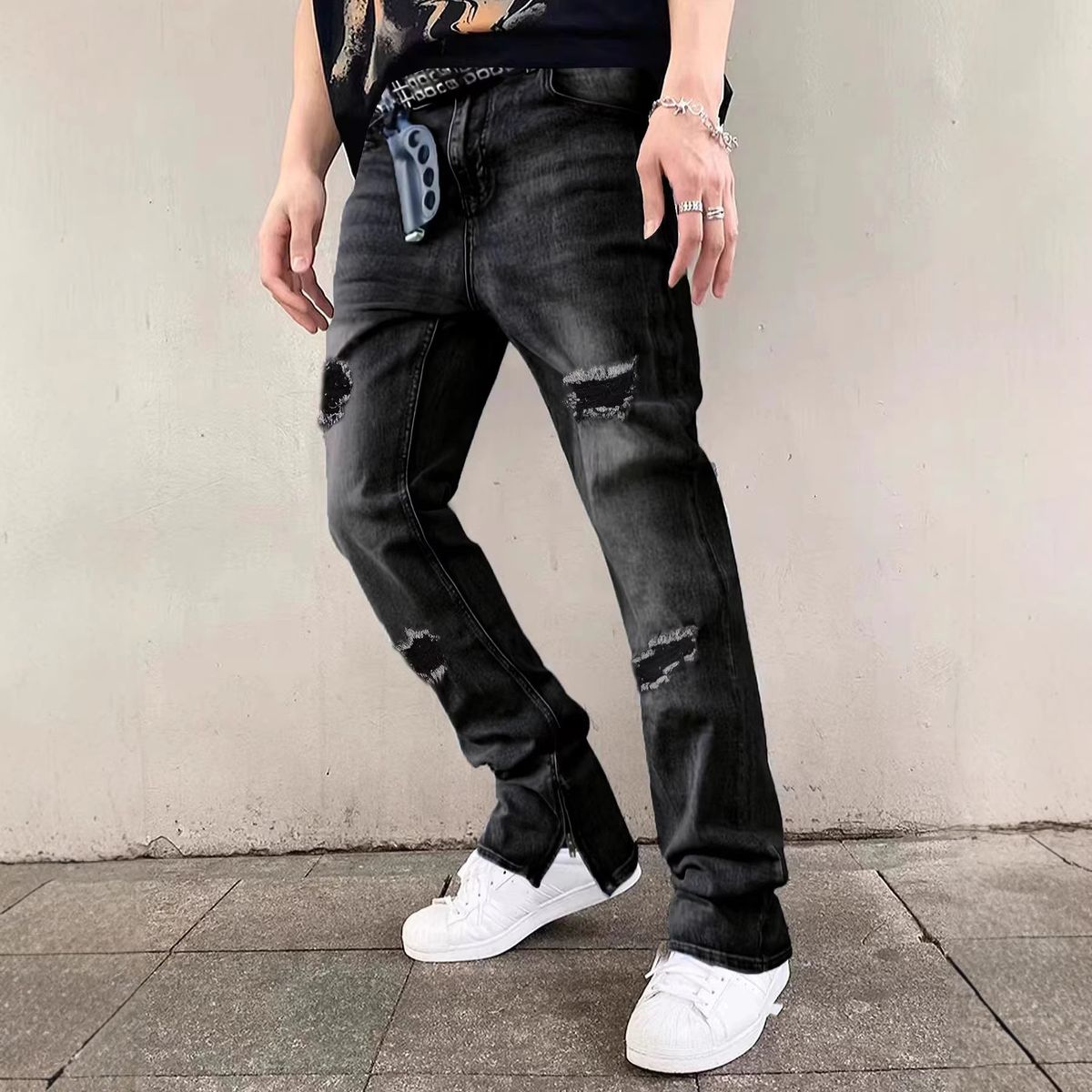 Men's Trendy Casual Distressed Washed Jeans Midweight Straight Pants With Zipper Design Softener Fabric_mkmklike.com