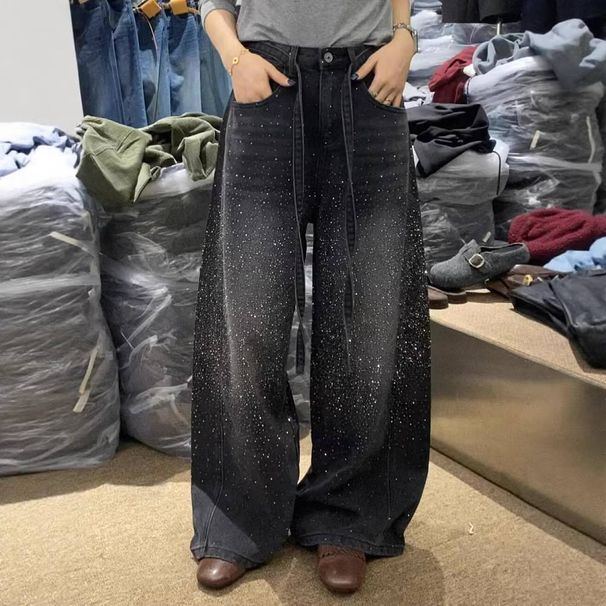 Retro American Rhinestone Women's Wide Leg Jeans Heavy Duty Starry Loose Fit Floor Length Pants Autumn Winter England Style Fashion_mkmklike.com