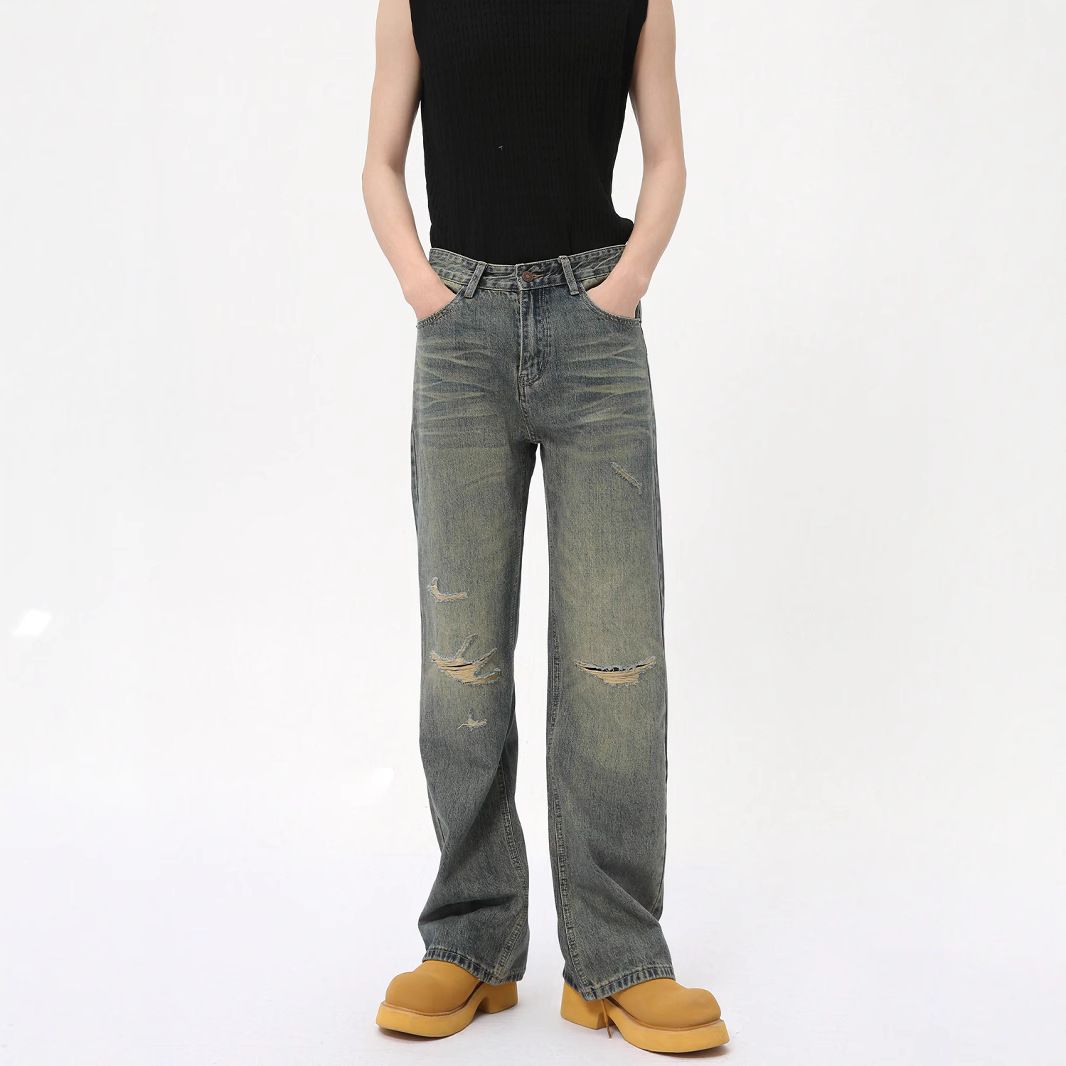 Men's Clothing Retro Distressed Ripped Jeans Men's Straight Leg Flare Slim Fit Pants High Street Vibe Trendy_mkmklike.com