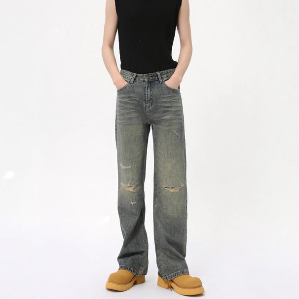 Men's Clothing Retro Distressed Ripped Jeans Men's Straight Leg Flare Slim Fit Pants High Street Vibe Trendy_mkmklike.com