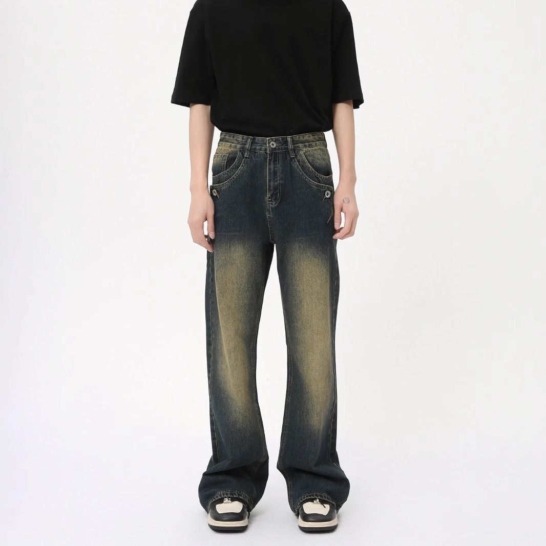 Men's Clothing Retro High Street Flared Jeans For Men Loose Straight Leg Pants Button Decoration Trendy Brand_mkmklike.com