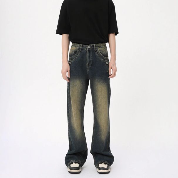 Men's Clothing Retro High Street Flared Jeans For Men Loose Straight Leg Pants Button Decoration Trendy Brand_mkmklike.com