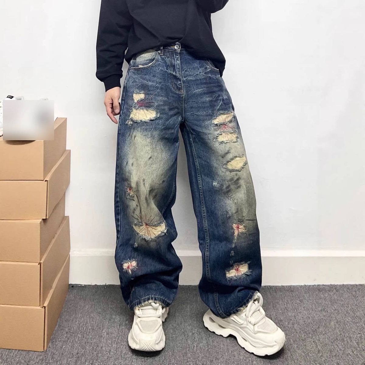 Men's Clothing Men's Trendy Distressed Splatter Painted Patchwork Straight Leg Jeans Loose Fit Wide Leg Trousers High Street Style_mkmklike.com
