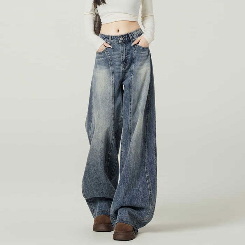 Retro Blue High Waist Wide Leg Jeans Women's Trendy Versatile Slimming Curved Sash American Style High Street Denim_mkmklike.com