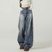 Retro Blue High Waist Wide Leg Jeans Women's Trendy Versatile Slimming Curved Sash American Style High Street Denim_mkmklike.com