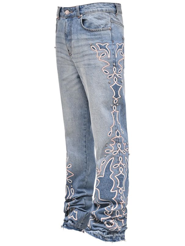 Men's Clothing Autumn Gradient Wide Leg Denim Trousers Fashionable Embroidered Straight Pants_mkmklike.com