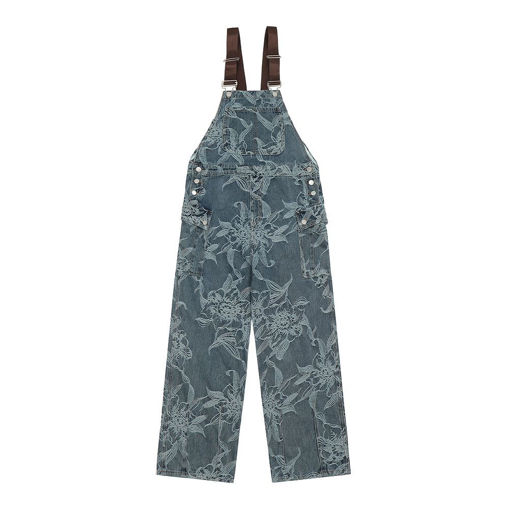 Men's Clothing Floral Jacquard Denim Overalls For Men Trendy Design Loose Casual Suspenders One Piece Straight Trousers_mkmklike.com