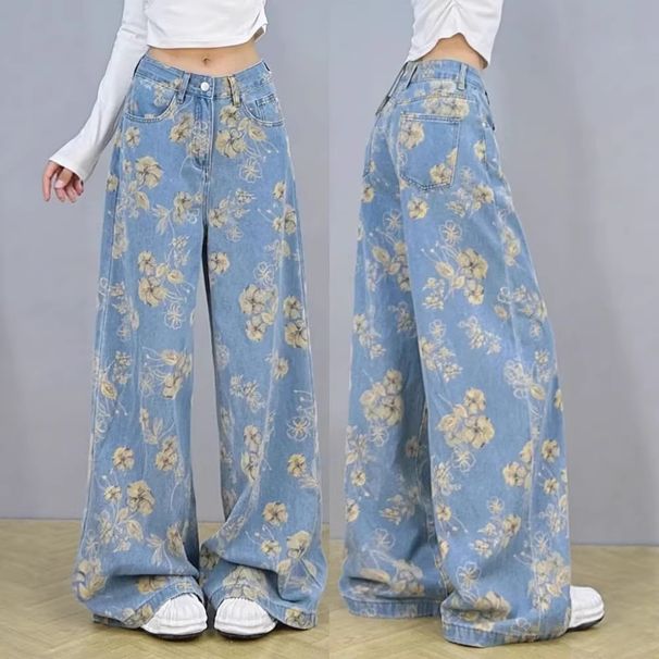 Women's American Retro Print Wide Leg Jeans Loose Fit Slimming Straight Leg Floor Length Pants 2026 New Style Niche Design_mkmklike.com