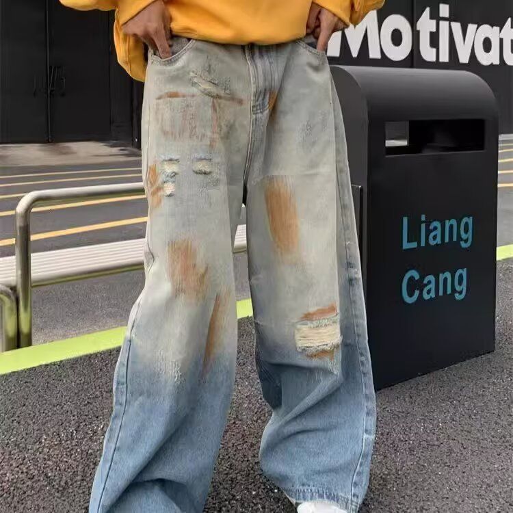 Men's Clothing Mud Dyed Ripped Dirty Jeans Spring Street Wasteland Style Washed Straight Wide Leg Trousers_mkmklike.com