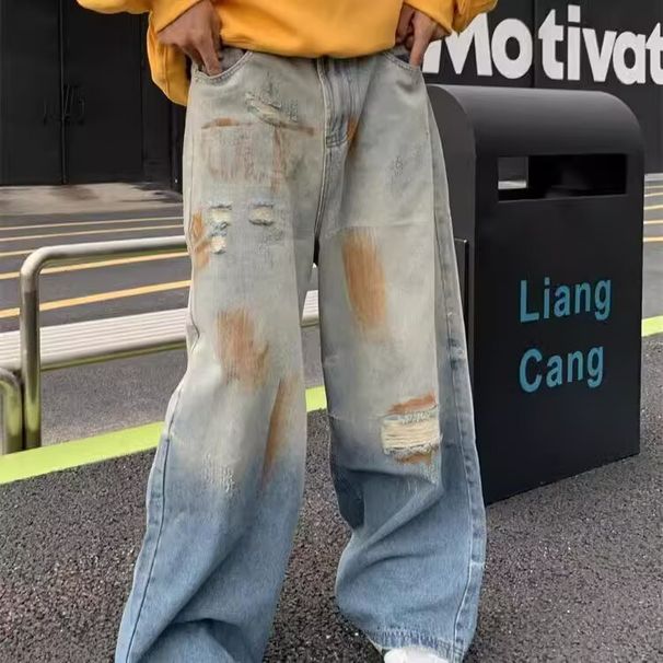 Men's Clothing Mud Dyed Ripped Dirty Jeans Spring Street Wasteland Style Washed Straight Wide Leg Trousers_mkmklike.com