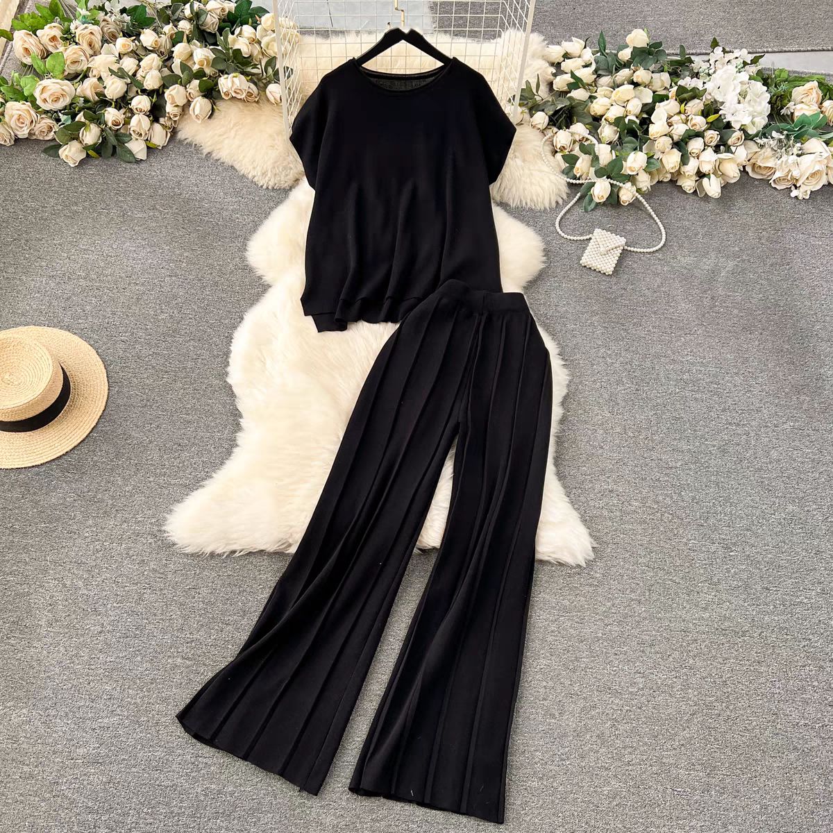 Women's Clothing outfit solid color knitted top loose slim high waist wide leg pants fashionable two piece suit_mkmklike.com
