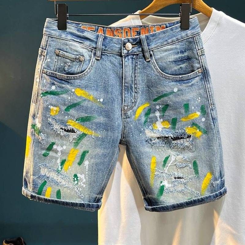 Men's Trendy Ripped Stretchy Slim Fit Jeans Mid Length Shorts Blue Style Basic Straight Leg Embroidered Patches_mkmklike.com
