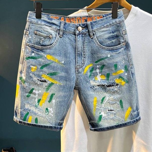 Men's Trendy Ripped Stretchy Slim Fit Jeans Mid Length Shorts Blue Style Basic Straight Leg Embroidered Patches_mkmklike.com