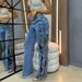 Women's Clothing High-Waisted Wide-Leg Jeans Heavy-Duty Rhinestone Cutout Design Stylish Straight-Leg Pants For Women_mkmklike.com