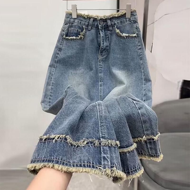 Women's Clothing High Waist Slit Denim Skirt Summer A Line Skirt Hip Skirt Petite Pear Shaped Long Skirt_mkmklike.com
