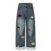 Vintage Washed Embroidered Dog Jeans – Unisex Straight-Leg, 56.8% Cotton, Mid-Rise, Rolled Cuff, Utility Pockets, Black/Blue, S-XL_mkmklike.com