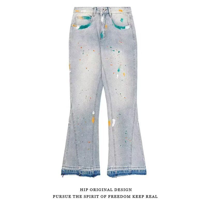 Men's High Street Splatter Paint Jeans – Oversized Straight-Leg Denim Pants With Artistic Color Splashes, Urban Fashion For Casual & Trendy Looks_mkmklike.com