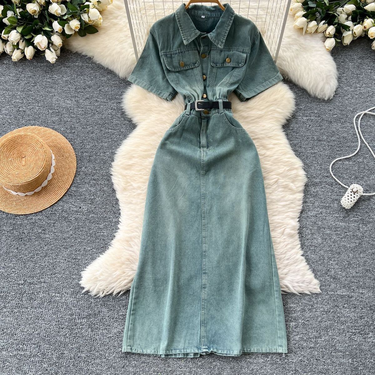 Women's Clothing Design Niche Lapel Short Sleeves Single Breasted Waist Slim Denim Dress Women's Summer Slim Long Skirt_mkmklike.com