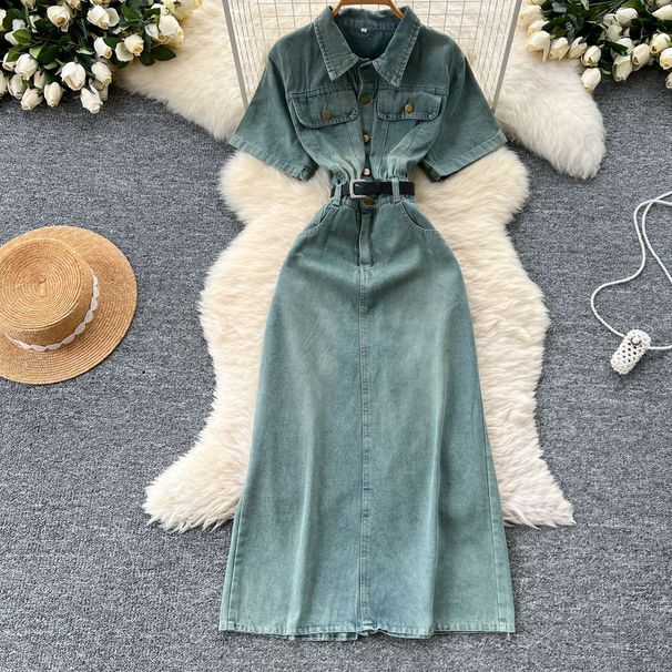 Women's Clothing Design Niche Lapel Short Sleeves Single Breasted Waist Slim Denim Dress Women's Summer Slim Long Skirt_mkmklike.com