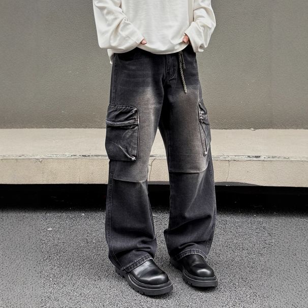 Men's Clothing Unisex Vintage Washed Jeans - Streetwear Straight Leg Denim Pants With Distressed Details, Retro High Waist Boyfriend Fit (Black, S-XL)_mkmklike.com