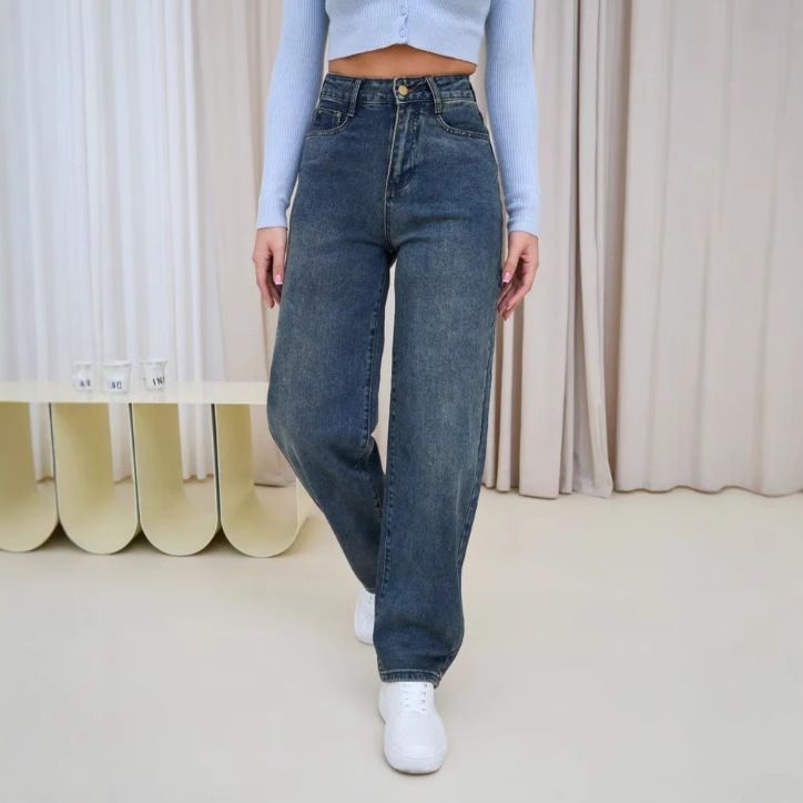 Women's Clothing Wide Leg Pants Autumn Wear Women's High Waist Flared Jeans - Classic Blue Denim Wide Leg Pants For Casual & Office Wear_mkmklike.com