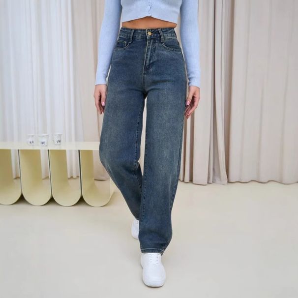 Women's Clothing Wide Leg Pants Autumn Wear Women's High Waist Flared Jeans - Classic Blue Denim Wide Leg Pants For Casual & Office Wear_mkmklike.com